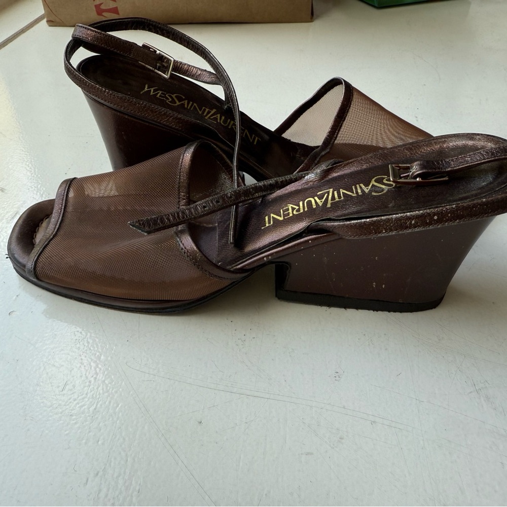 Check on the RealReal Saint Laurent Dark Brown Mesh Wedges